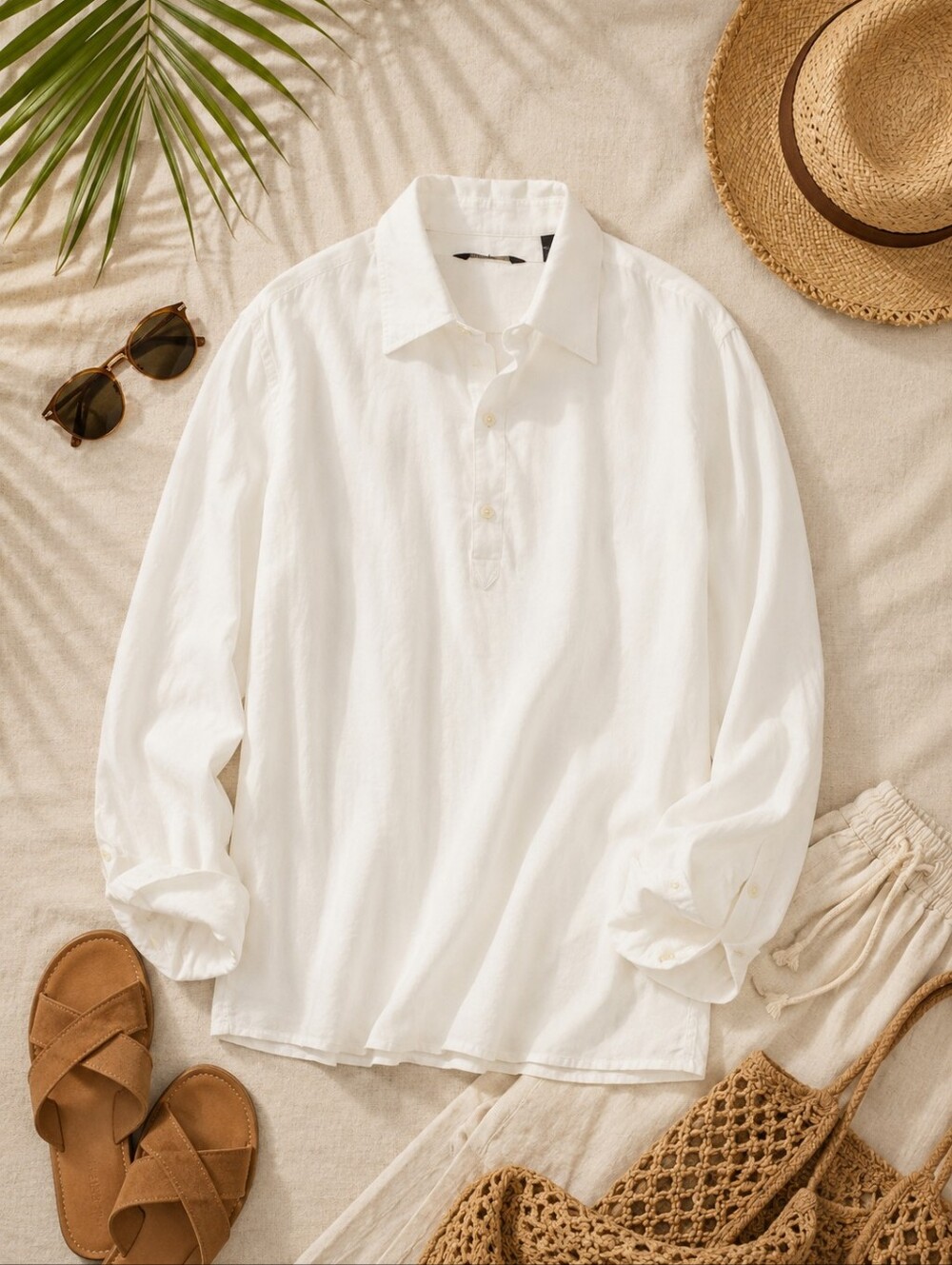 Perry Ellis White L Sleeve Linen 3 Button Resortwear Shirt. Mens Sz XL